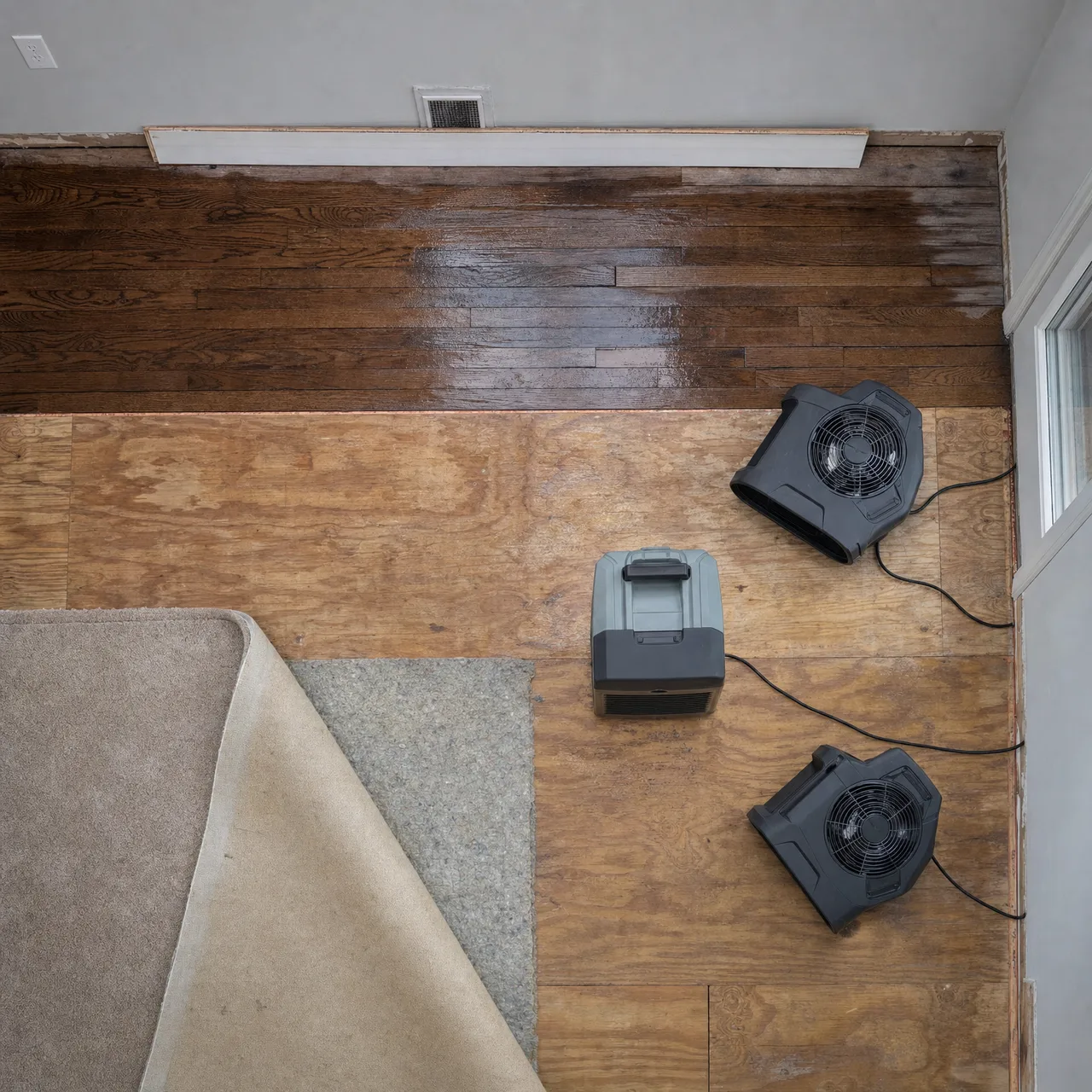 Looking down at a wet oak floor with the carpet cut back and air movers drying the plywood subfloor