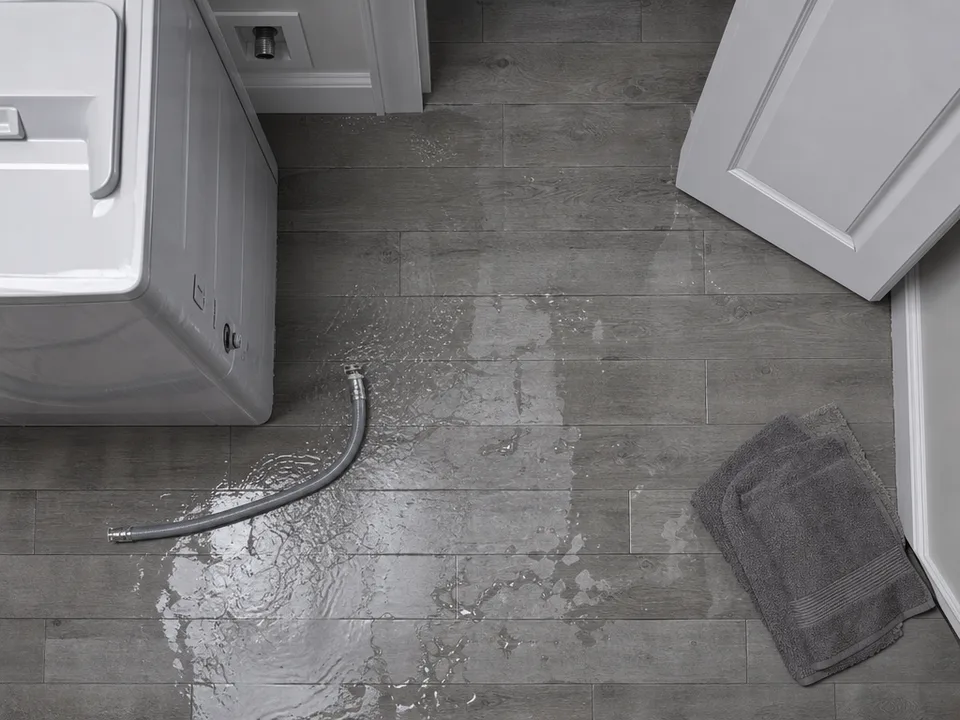 Looking down at standing water on a vinyl plank floor beside a washer pulled away from the wall