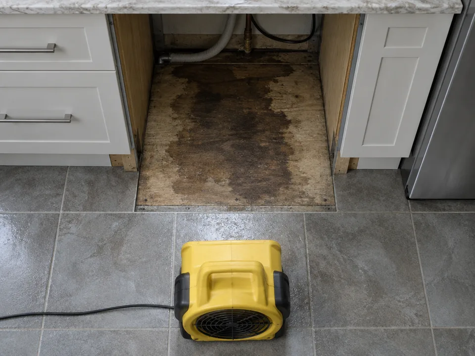Looking straight down at a kitchen floor where the dishwasher has been pulled out, a dark water stain on the bare subfloor and a small yellow air mover on the tile aimed into the opening