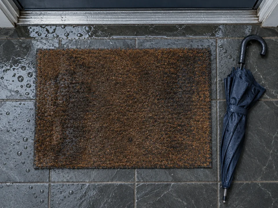 Looking straight down at a front entry on a rainy day: a soaked coir doormat on wet grey tile, a closed umbrella lying beside it
