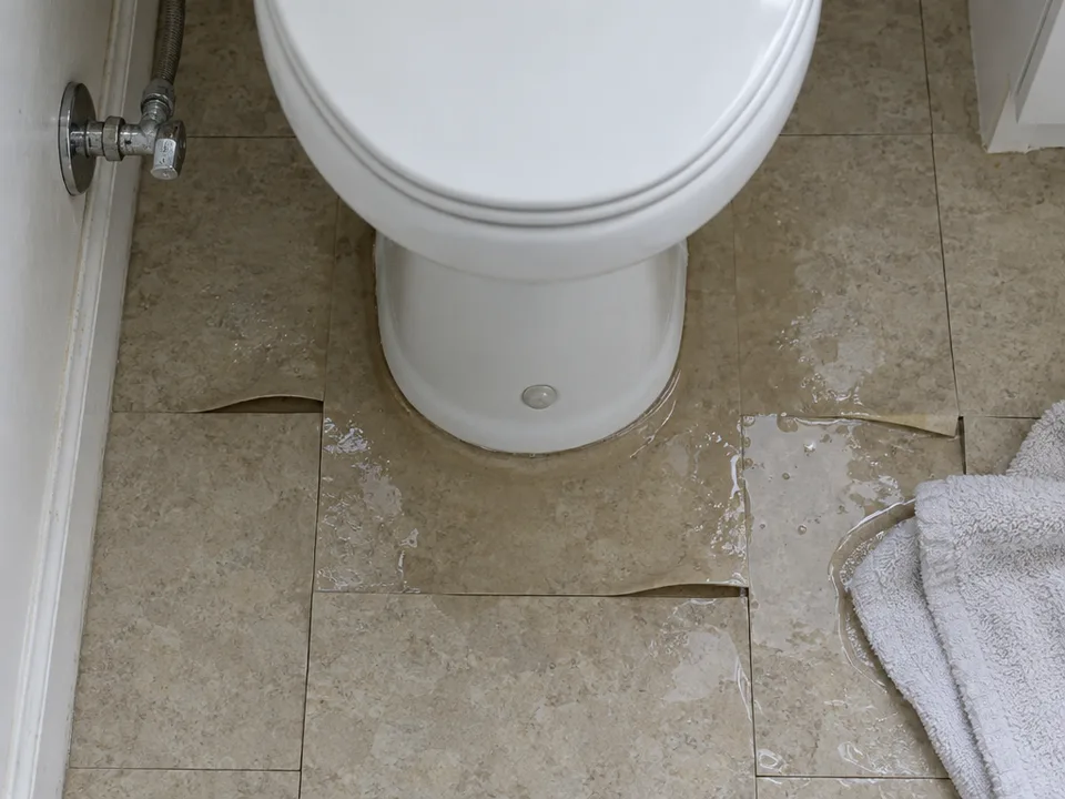 Looking straight down at a bathroom floor where a toilet supply line leaked: vinyl tiles lifting at the seams around the toilet base and a folded towel soaking up a puddle