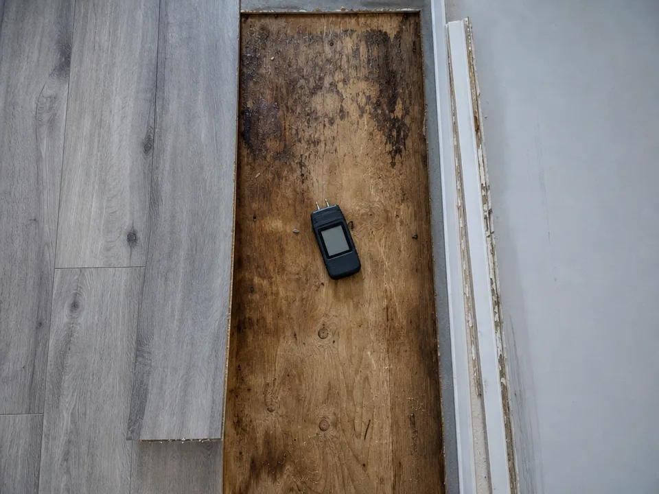 Looking down at a wet hallway floor with a strip of vinyl plank lifted to show damp plywood underneath, a moisture meter lying beside it
