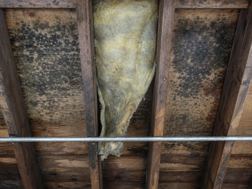 Looking up at crawl space floor joists and subfloor boards blotched with dark mold, a strip of wet insulation sagging between two joists